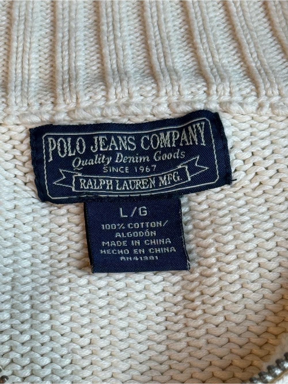 Vtg. Ralph Lauren Polo jeans Co. Ivory Quarter Zip Heavy Cotton Sweater Large. - Picture 4 of 9
